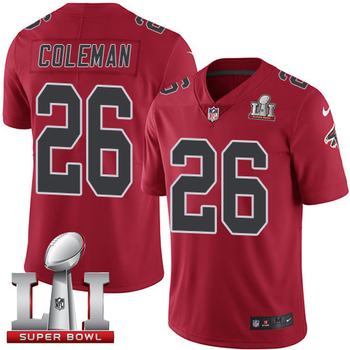Nike Falcons #26 Tevin Coleman Red Super Bowl LI 51 Youth Stitched NFL Limited Rush Jersey - Click Image to Close